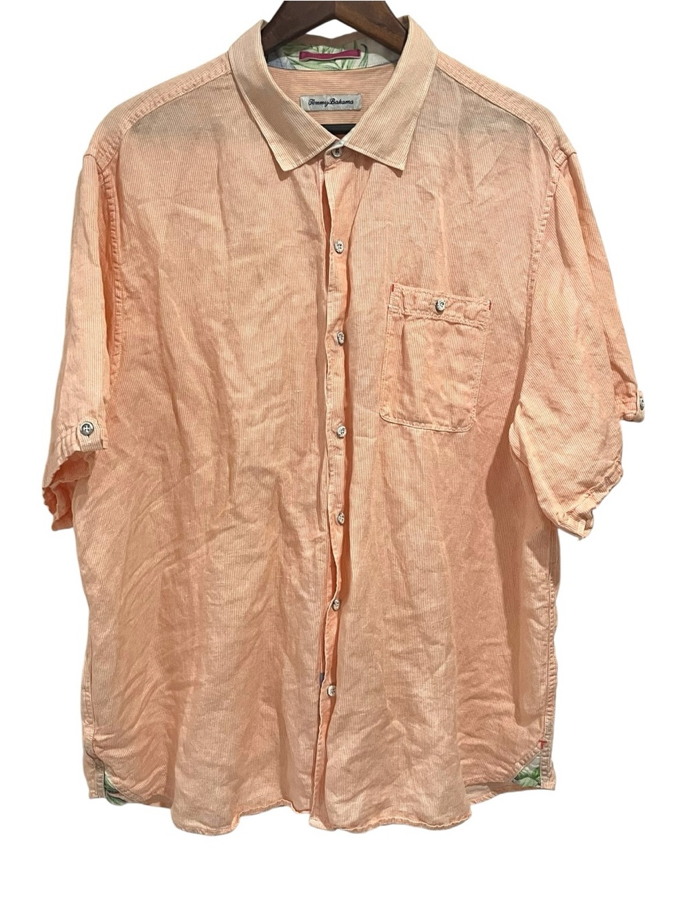 Tommy Bahama Men's Peach Stripe Short Sleeve Button-Up Shirt Linen blend XXL